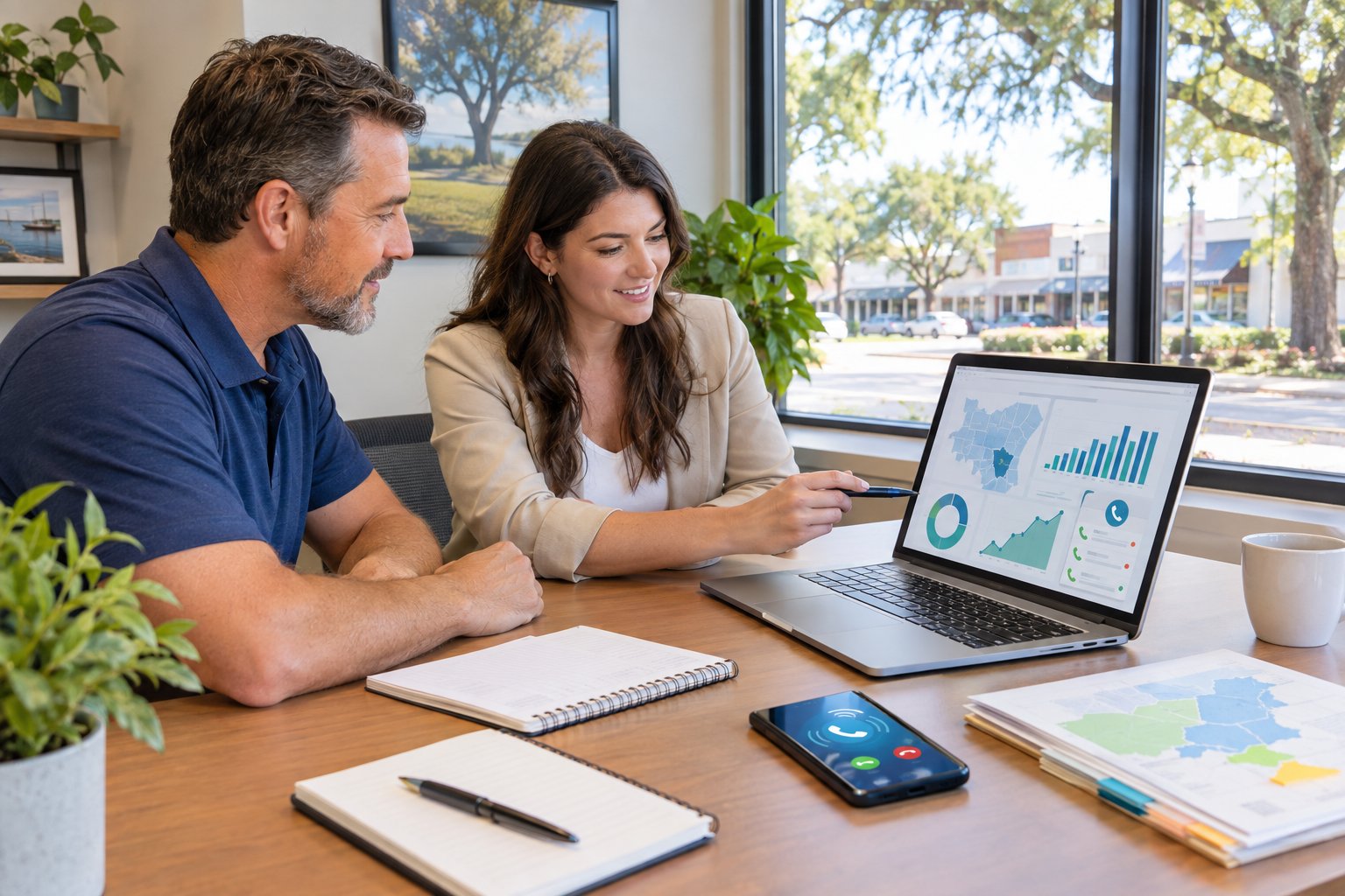 A small-business owner and marketing professional review analytics together at a desk.